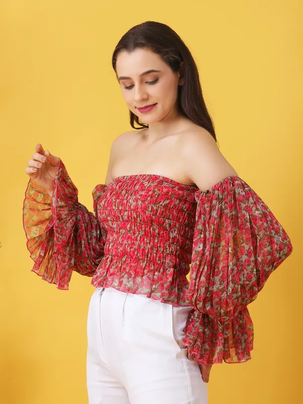 Women_Floral_Printed_Pink_Chiffon_Off_Shoulder_Bell_Sleeve_Crop_Bardot_Top