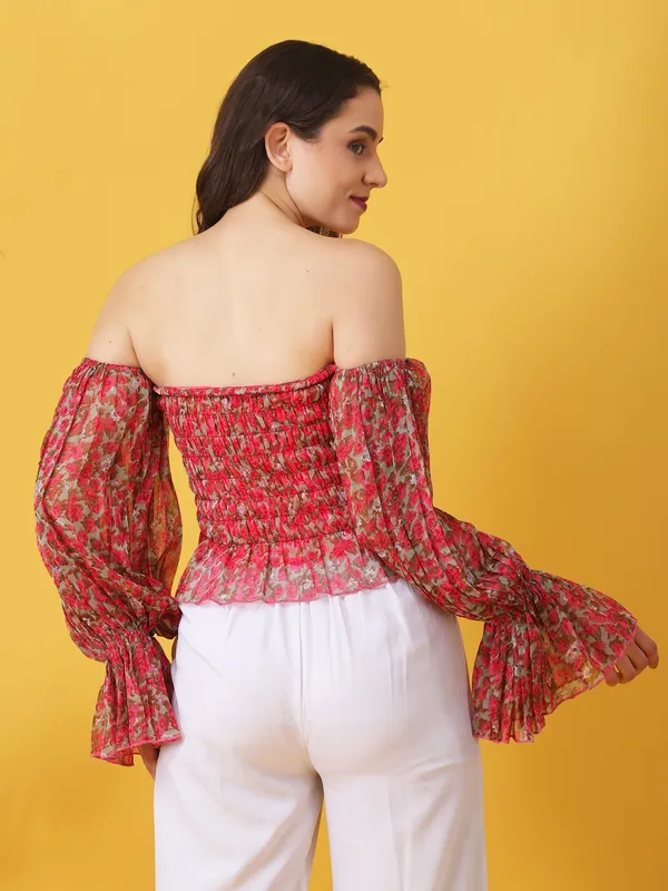 Women_Floral_Printed_Pink_Chiffon_Off_Shoulder_Bell_Sleeve_Crop_Bardot_Top
