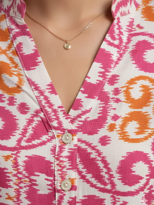 Women_Ikat_Printed_Rayon_Band_Collar_Long_Sleeve_Casual_Shirt_With_High-Low_Hemline