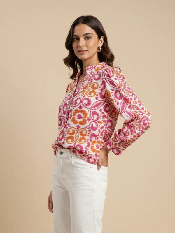 Women_Ikat_Printed_Rayon_Band_Collar_Long_Sleeve_Casual_Shirt_With_High-Low_Hemline