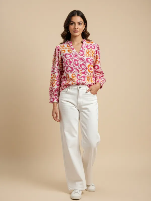 Women_Ikat_Printed_Rayon_Band_Collar_Long_Sleeve_Casual_Shirt_With_High-Low_Hemline