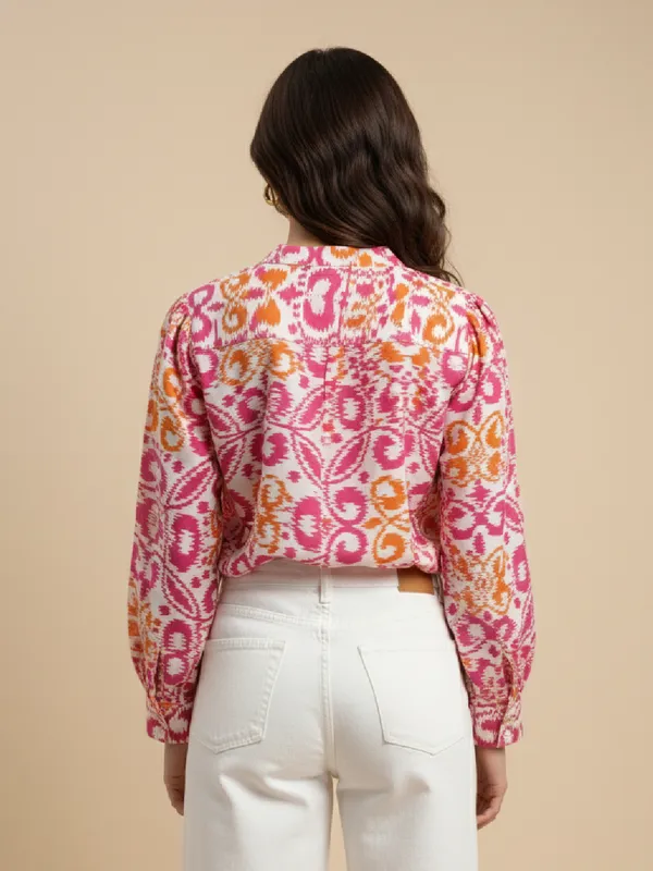 Women_Ikat_Printed_Rayon_Band_Collar_Long_Sleeve_Casual_Shirt_With_High-Low_Hemline