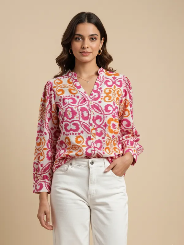 Women_Ikat_Printed_Rayon_Band_Collar_Long_Sleeve_Casual_Shirt_With_High-Low_Hemline