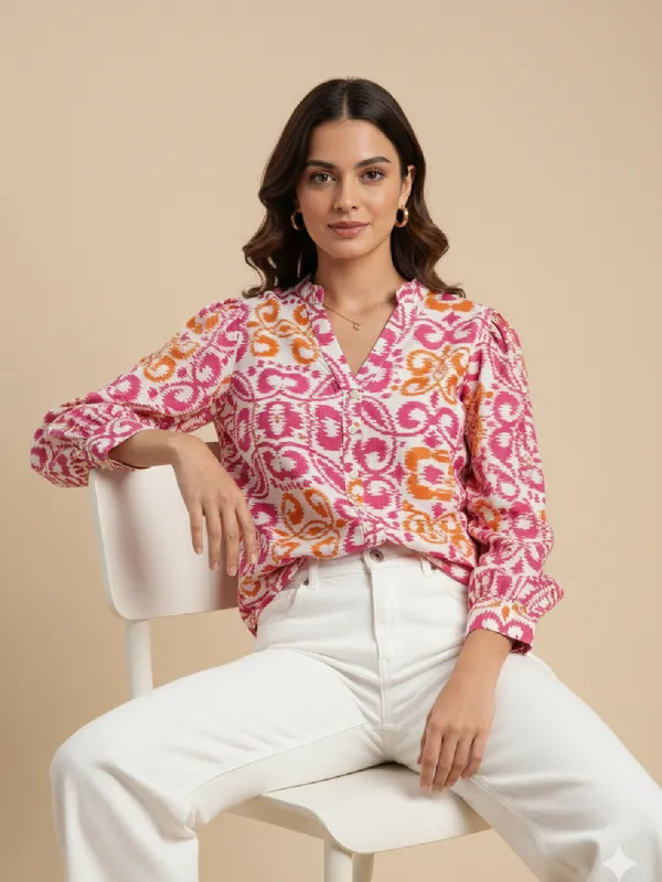 Women_Ikat_Printed_Rayon_Band_Collar_Long_Sleeve_Casual_Shirt_With_High-Low_Hemline