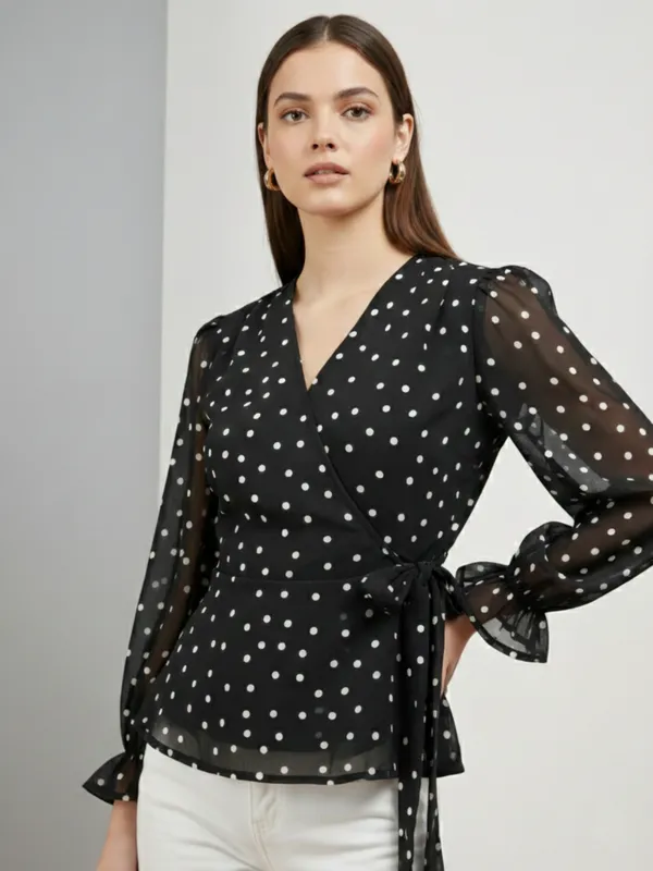 Polka_Dot_Printed_Georgette_V_Neck_Puff_Sleeves_Wrap_Crop_Top