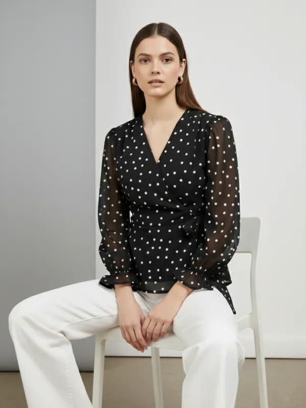 Polka_Dot_Printed_Georgette_V_Neck_Puff_Sleeves_Wrap_Crop_Top