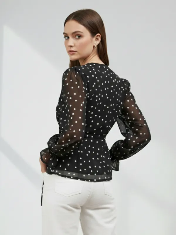 Polka_Dot_Printed_Georgette_V_Neck_Puff_Sleeves_Wrap_Crop_Top