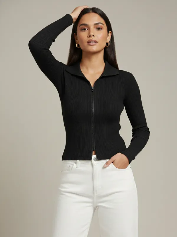Solid_Black_Ribbed_Collared_Neck_Long_Sleeve_Front_Zipper_Crop_Top