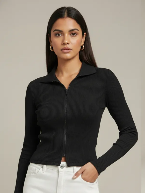 Solid_Black_Ribbed_Collared_Neck_Long_Sleeve_Front_Zipper_Crop_Top