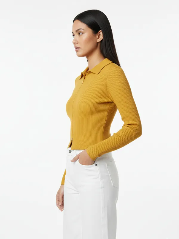 Solid_Yellow_Ribbed_Collared_Neck_Long_Sleeve_Front_Zipper_Crop_Top