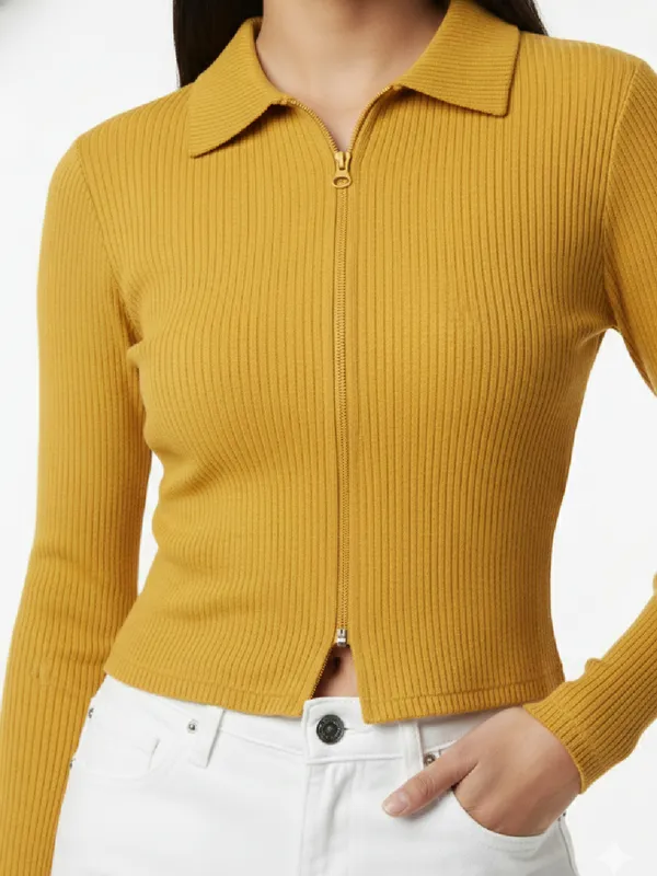 Solid_Yellow_Ribbed_Collared_Neck_Long_Sleeve_Front_Zipper_Crop_Top