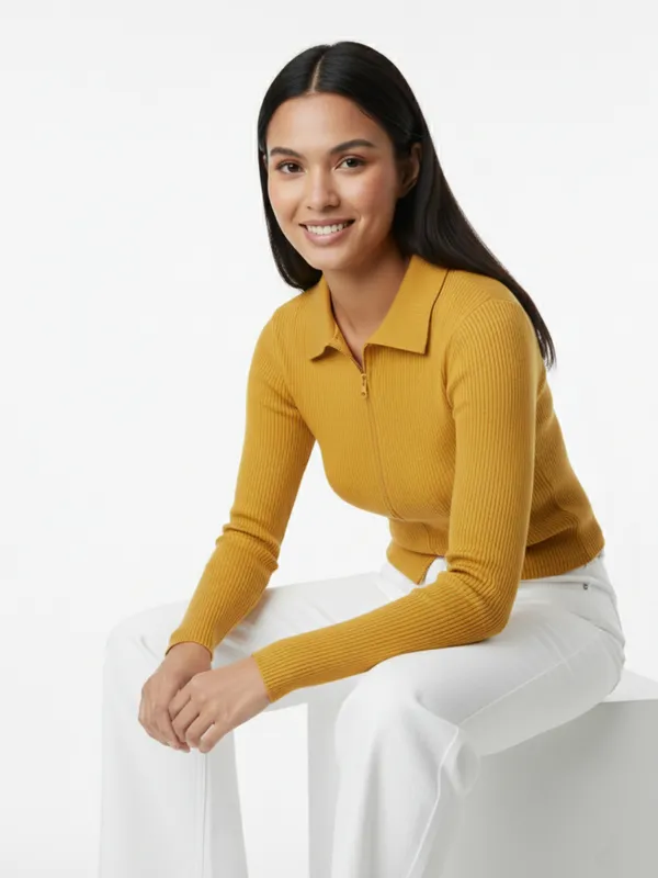 Solid_Yellow_Ribbed_Collared_Neck_Long_Sleeve_Front_Zipper_Crop_Top