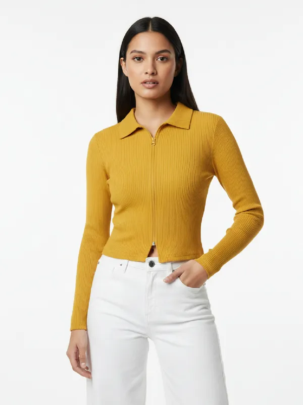 Solid_Yellow_Ribbed_Collared_Neck_Long_Sleeve_Front_Zipper_Crop_Top
