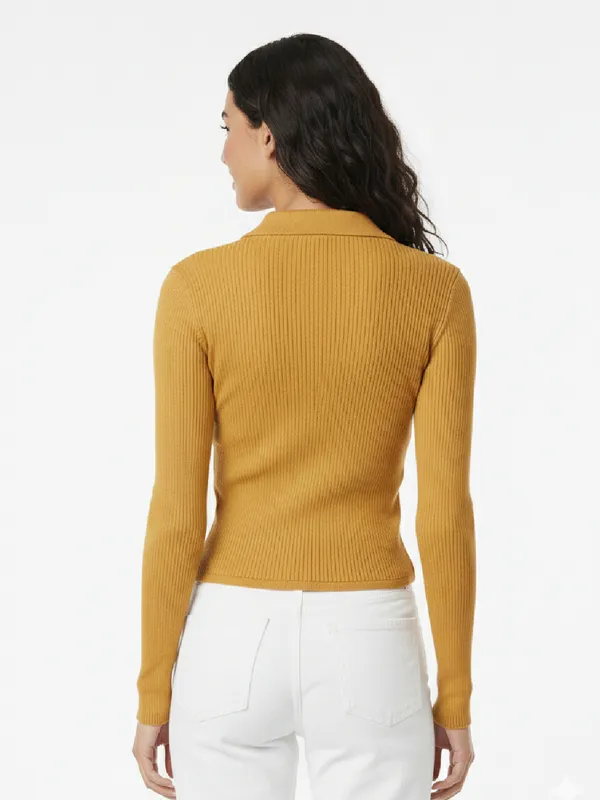Solid_Yellow_Ribbed_Collared_Neck_Long_Sleeve_Front_Zipper_Crop_Top