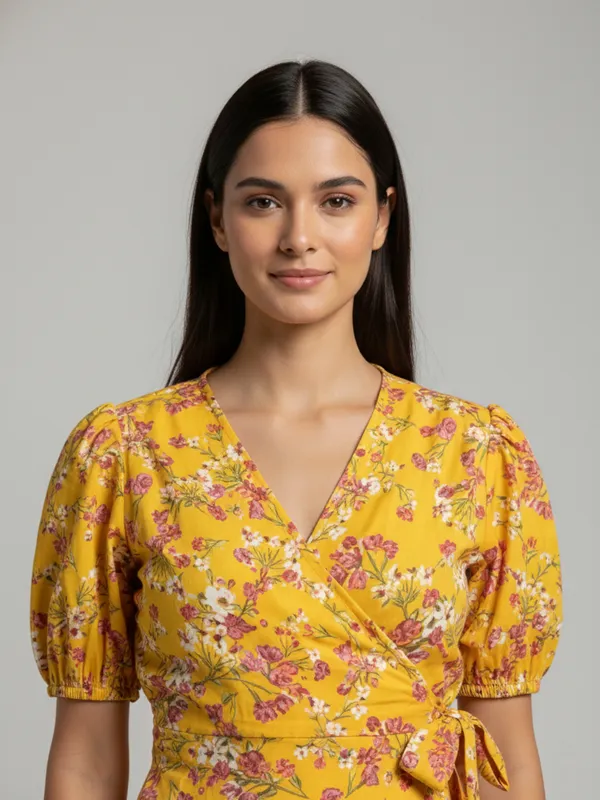 Floral_Printed_Yellow_Georgette_V_Neck_Puff_Sleeve_Waist_Tie-ups_Wrap_Top