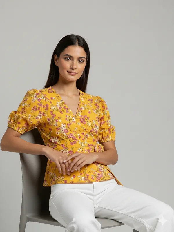 Floral_Printed_Yellow_Georgette_V_Neck_Puff_Sleeve_Waist_Tie-ups_Wrap_Top
