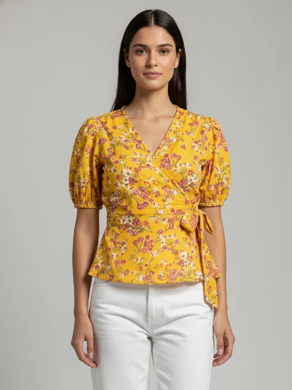 Floral_Printed_Yellow_Georgette_V_Neck_Puff_Sleeve_Waist_Tie-ups_Wrap_Top