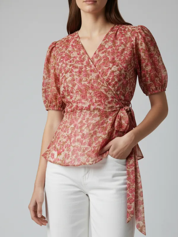 Floral_Printed_Pink_Chiffon_V_Neck_Puff_Sleeve_Waist_Tie-ups_Wrap_Top