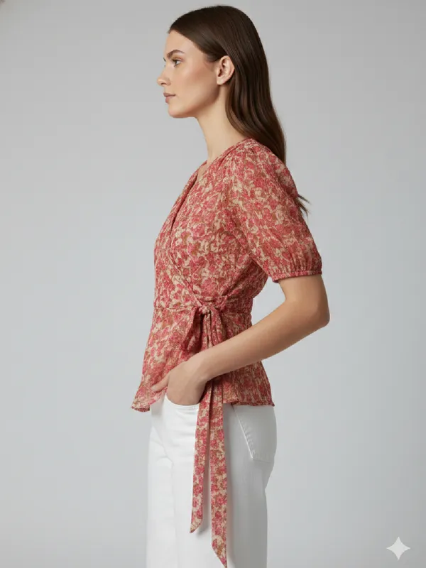 Floral_Printed_Pink_Chiffon_V_Neck_Puff_Sleeve_Waist_Tie-ups_Wrap_Top