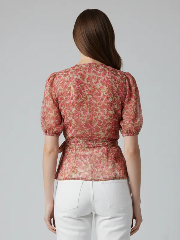 Floral_Printed_Pink_Chiffon_V_Neck_Puff_Sleeve_Waist_Tie-ups_Wrap_Top