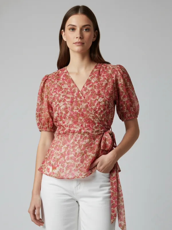 Floral_Printed_Pink_Chiffon_V_Neck_Puff_Sleeve_Waist_Tie-ups_Wrap_Top