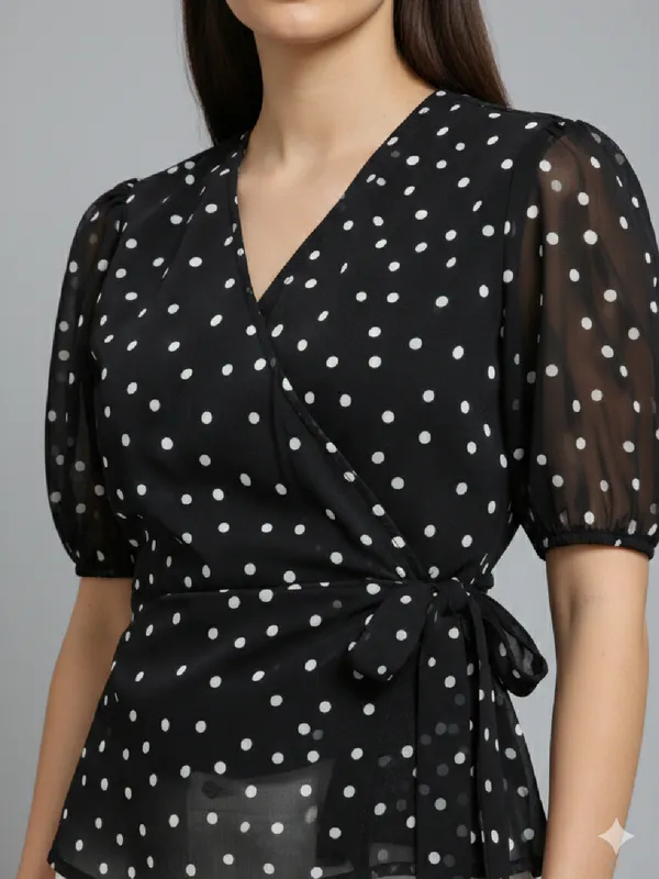 Polka_Dot_Printed_Black_Georgette_V_Neck_Puff_Sleeve_Waist_Tie-ups_Wrap_Top