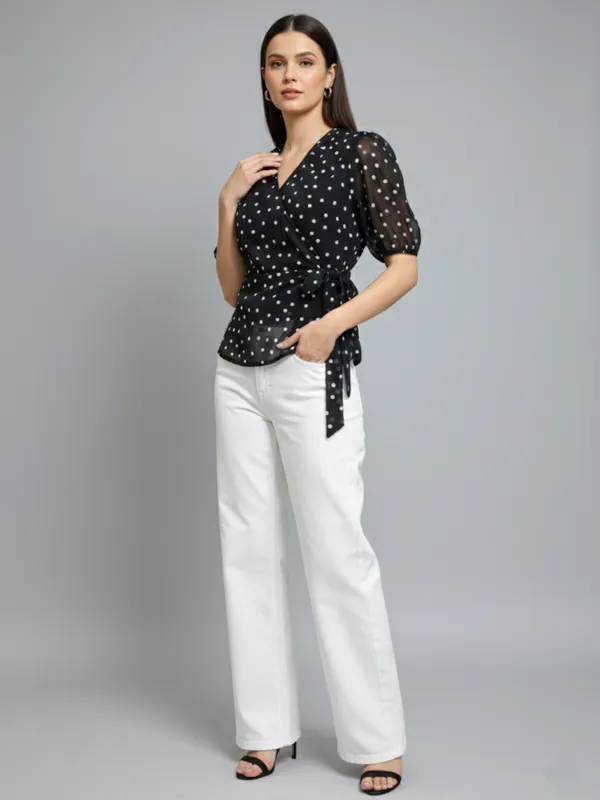 Polka_Dot_Printed_Black_Georgette_V_Neck_Puff_Sleeve_Waist_Tie-ups_Wrap_Top