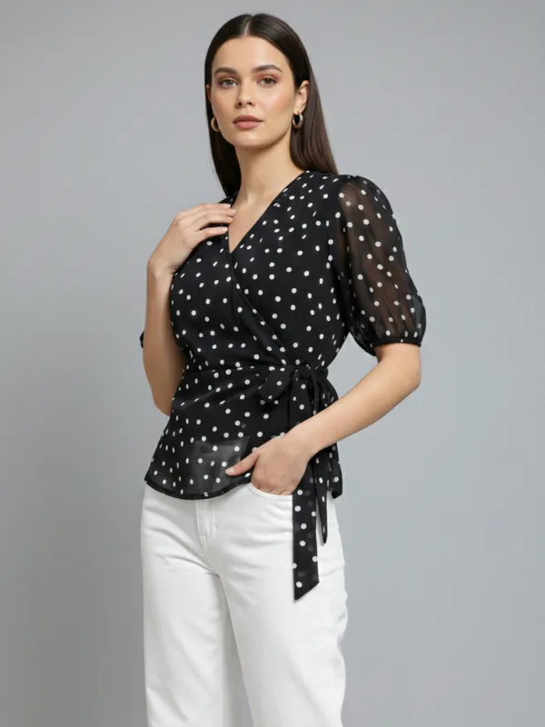 Polka_Dot_Printed_Black_Georgette_V_Neck_Puff_Sleeve_Waist_Tie-ups_Wrap_Top