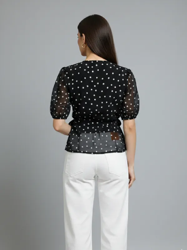 Polka_Dot_Printed_Black_Georgette_V_Neck_Puff_Sleeve_Waist_Tie-ups_Wrap_Top