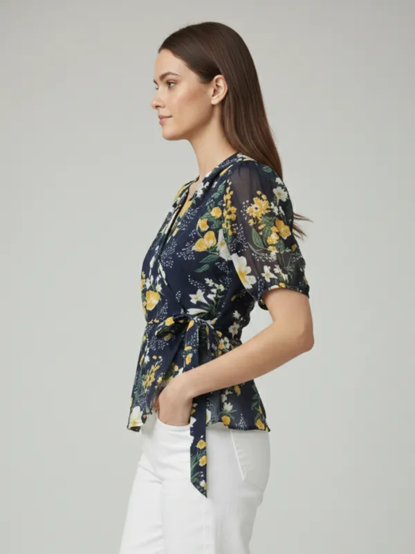 Floral_Printed_Navy_Blue_Georgette_V_Neck_Puff_Sleeve_Waist_Tie-ups_Wrap_Top