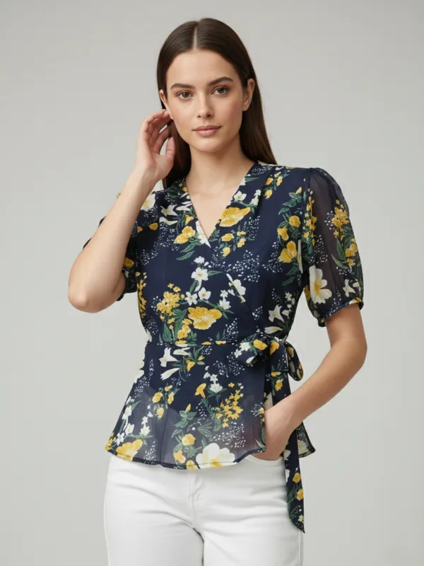 Floral_Printed_Navy_Blue_Georgette_V_Neck_Puff_Sleeve_Waist_Tie-ups_Wrap_Top