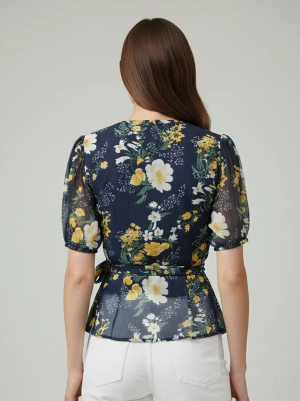 Floral_Printed_Navy_Blue_Georgette_V_Neck_Puff_Sleeve_Waist_Tie-ups_Wrap_Top