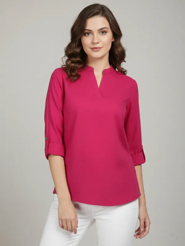 Solid_Hot_Pink_Rayon_Mandarin_Neck_Roll_up_Sleeve_Regular_Top