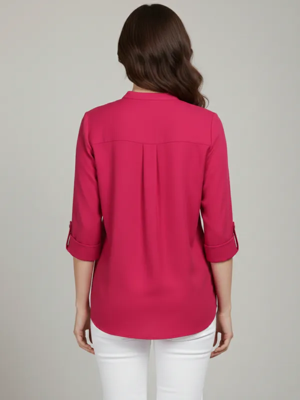 Solid_Hot_Pink_Rayon_Mandarin_Neck_Roll_up_Sleeve_Regular_Top