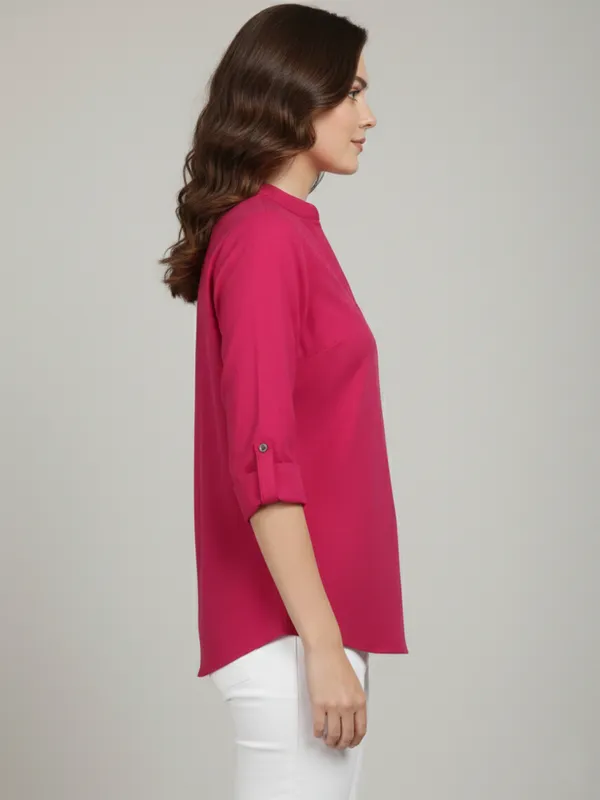 Solid_Hot_Pink_Rayon_Mandarin_Neck_Roll_up_Sleeve_Regular_Top