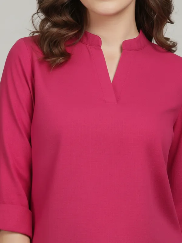Solid_Hot_Pink_Rayon_Mandarin_Neck_Roll_up_Sleeve_Regular_Top