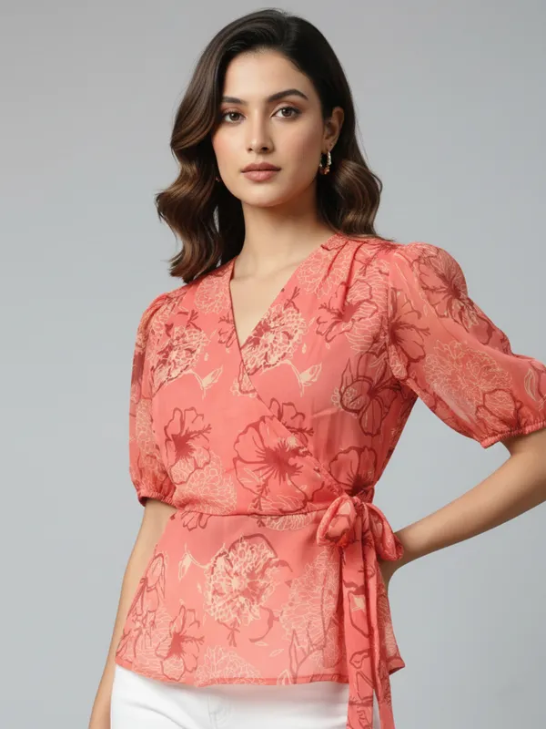 Floral_Printed_Peach_Chiffon_V_Neck_Short_Puff_Sleeve_Waist_Tie-ups_Regular_Top_For_Women