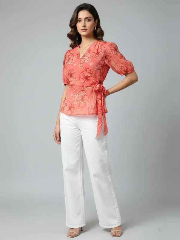 Floral_Printed_Peach_Chiffon_V_Neck_Short_Puff_Sleeve_Waist_Tie-ups_Regular_Top_For_Women