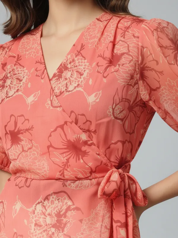 Floral_Printed_Peach_Chiffon_V_Neck_Short_Puff_Sleeve_Waist_Tie-ups_Regular_Top_For_Women