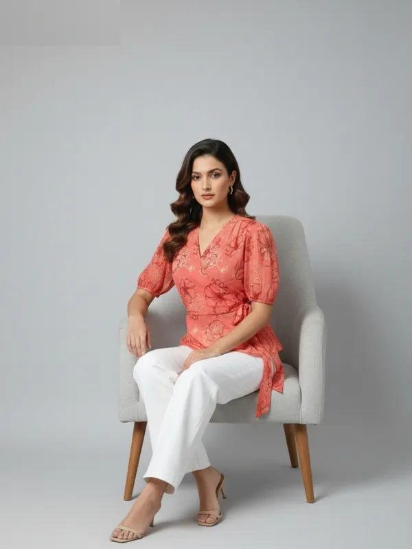 Floral_Printed_Peach_Chiffon_V_Neck_Short_Puff_Sleeve_Waist_Tie-ups_Regular_Top_For_Women