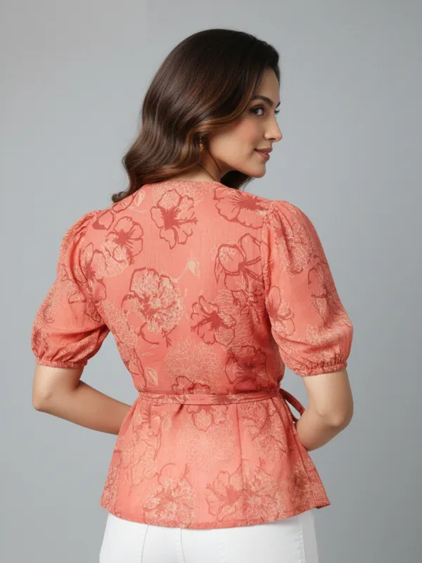Floral_Printed_Peach_Chiffon_V_Neck_Short_Puff_Sleeve_Waist_Tie-ups_Regular_Top_For_Women