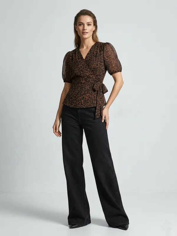 Animal_Printed_Brown_Chiffon_V_Neck_Short_Puff_Sleeve_Waist_Tie-ups_Regular_Top_For_Women