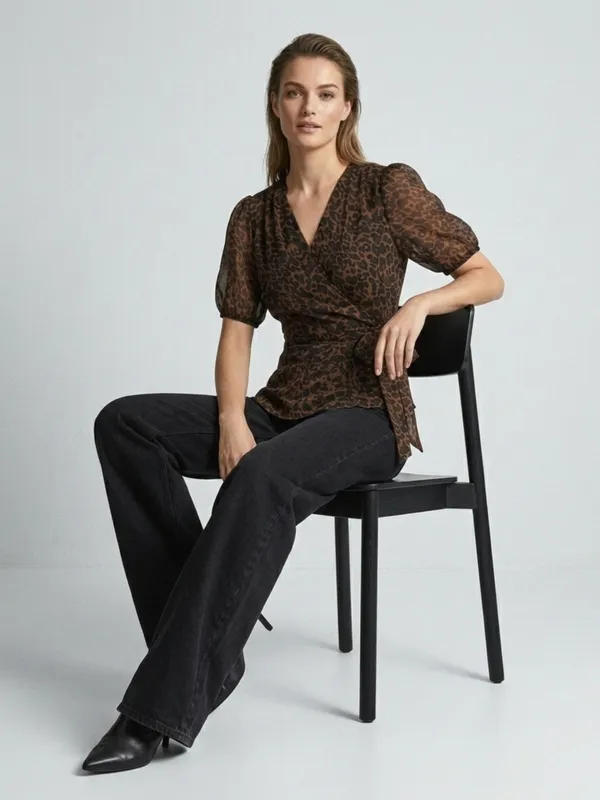 Animal_Printed_Brown_Chiffon_V_Neck_Short_Puff_Sleeve_Waist_Tie-ups_Regular_Top_For_Women