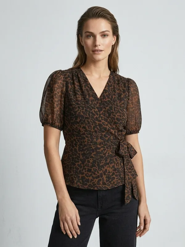 Animal_Printed_Brown_Chiffon_V_Neck_Short_Puff_Sleeve_Waist_Tie-ups_Regular_Top_For_Women