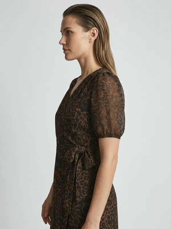 Animal_Printed_Brown_Chiffon_V_Neck_Short_Puff_Sleeve_Waist_Tie-ups_Regular_Top_For_Women