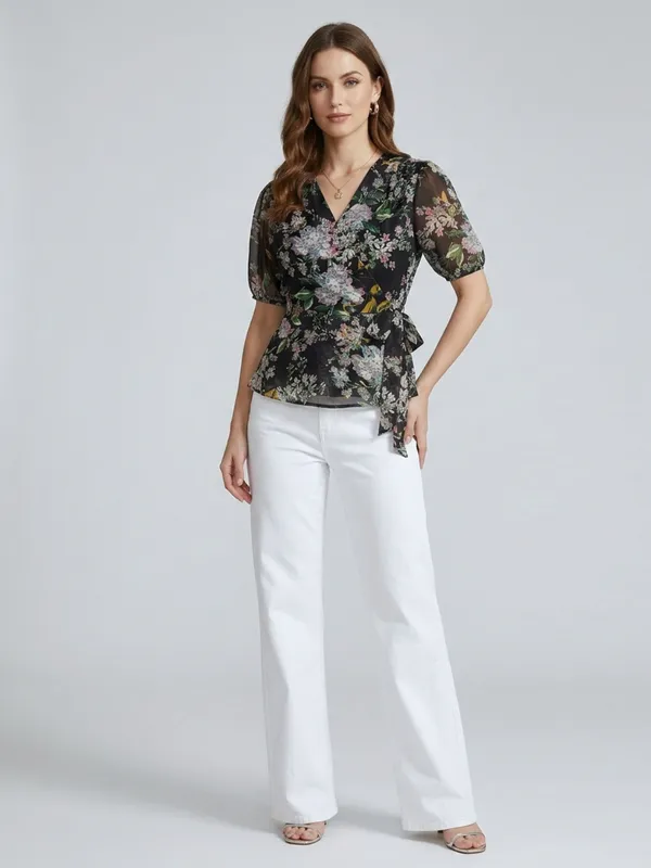 Floral_Printed_Black_Chiffon_V_Neck_Short_Puff_Sleeve_Waist_Tie-ups_Regular_Top_For_Women