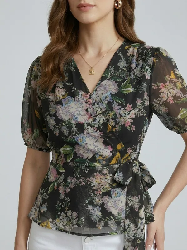 Floral_Printed_Black_Chiffon_V_Neck_Short_Puff_Sleeve_Waist_Tie-ups_Regular_Top_For_Women