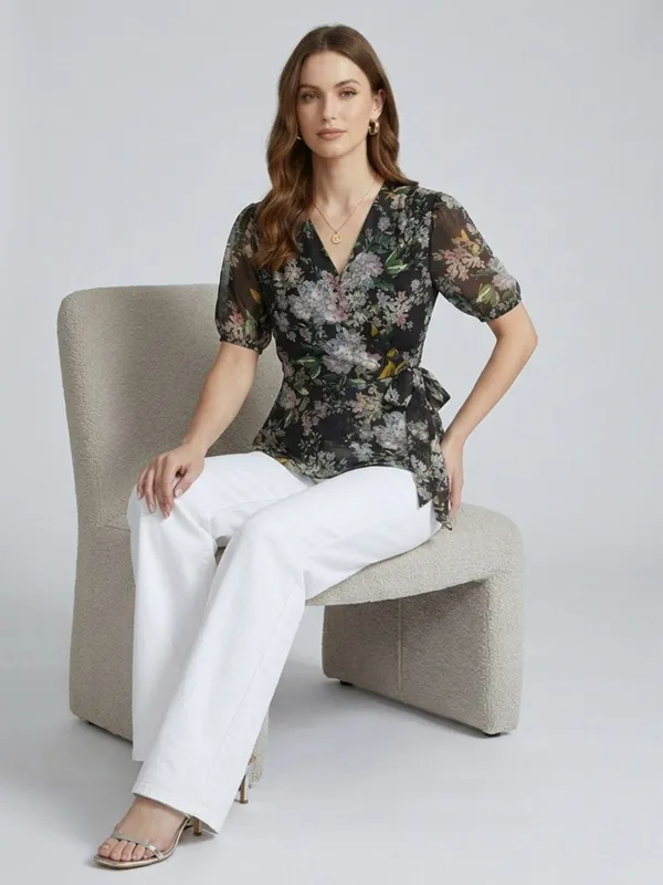 Floral_Printed_Black_Chiffon_V_Neck_Short_Puff_Sleeve_Waist_Tie-ups_Regular_Top_For_Women