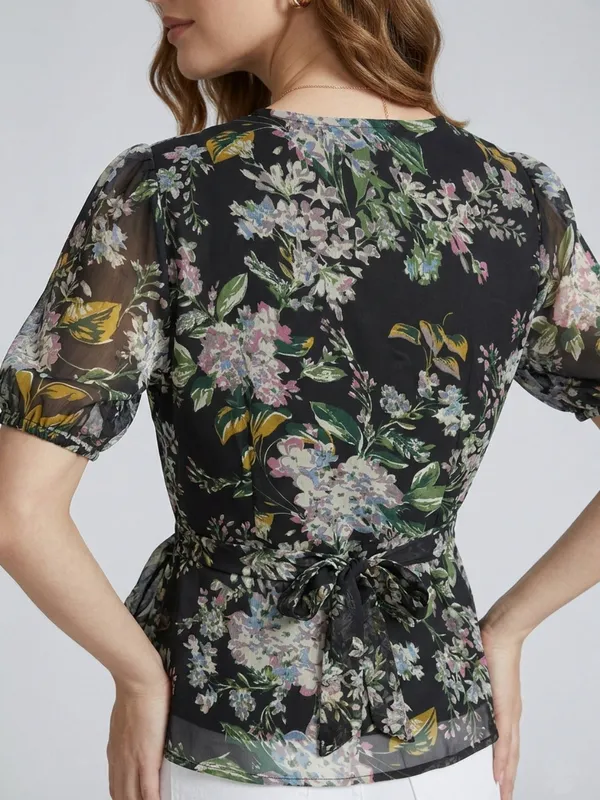 Floral_Printed_Black_Chiffon_V_Neck_Short_Puff_Sleeve_Waist_Tie-ups_Regular_Top_For_Women