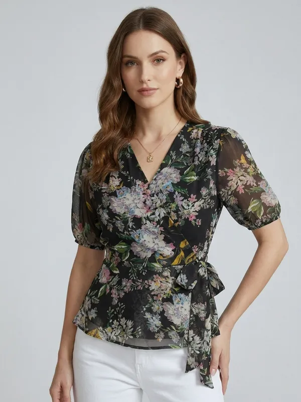 Floral_Printed_Black_Chiffon_V_Neck_Short_Puff_Sleeve_Waist_Tie-ups_Regular_Top_For_Women